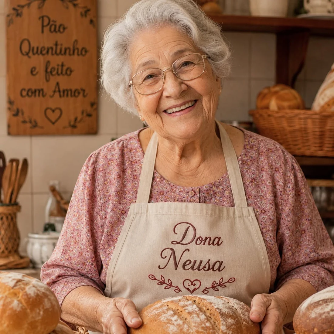 Dona Neusa sorrindo em uma cozinha, com avental e pão caseiro